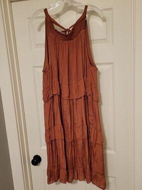 Rust Tiered Midi Dress with Back Tie - Women's Boho Sundress